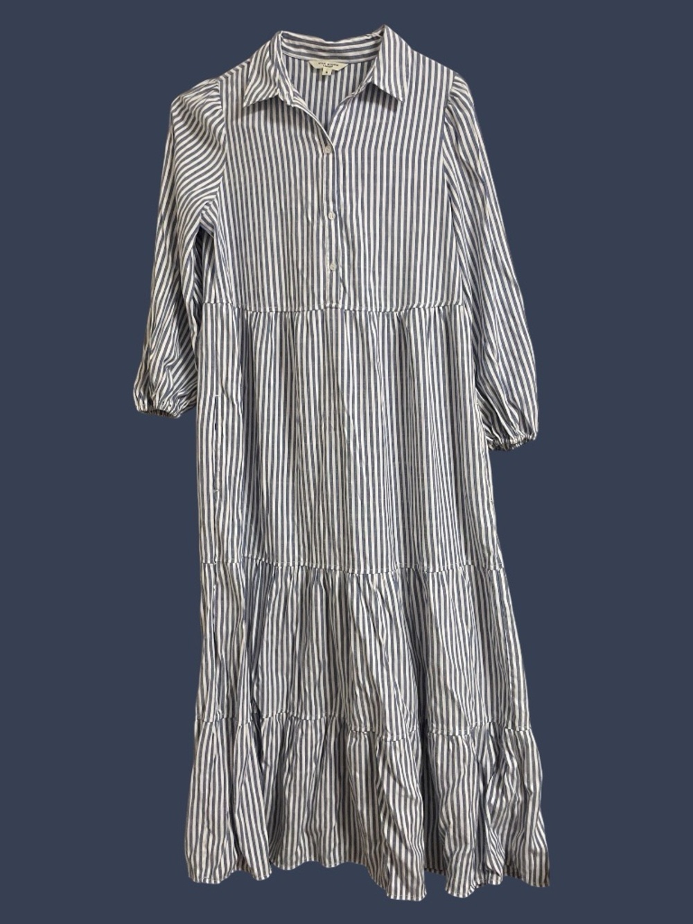 Max Studio Striped Tiered Midi Dress Size M Blue White Cottagecore - Picture 2 of 5